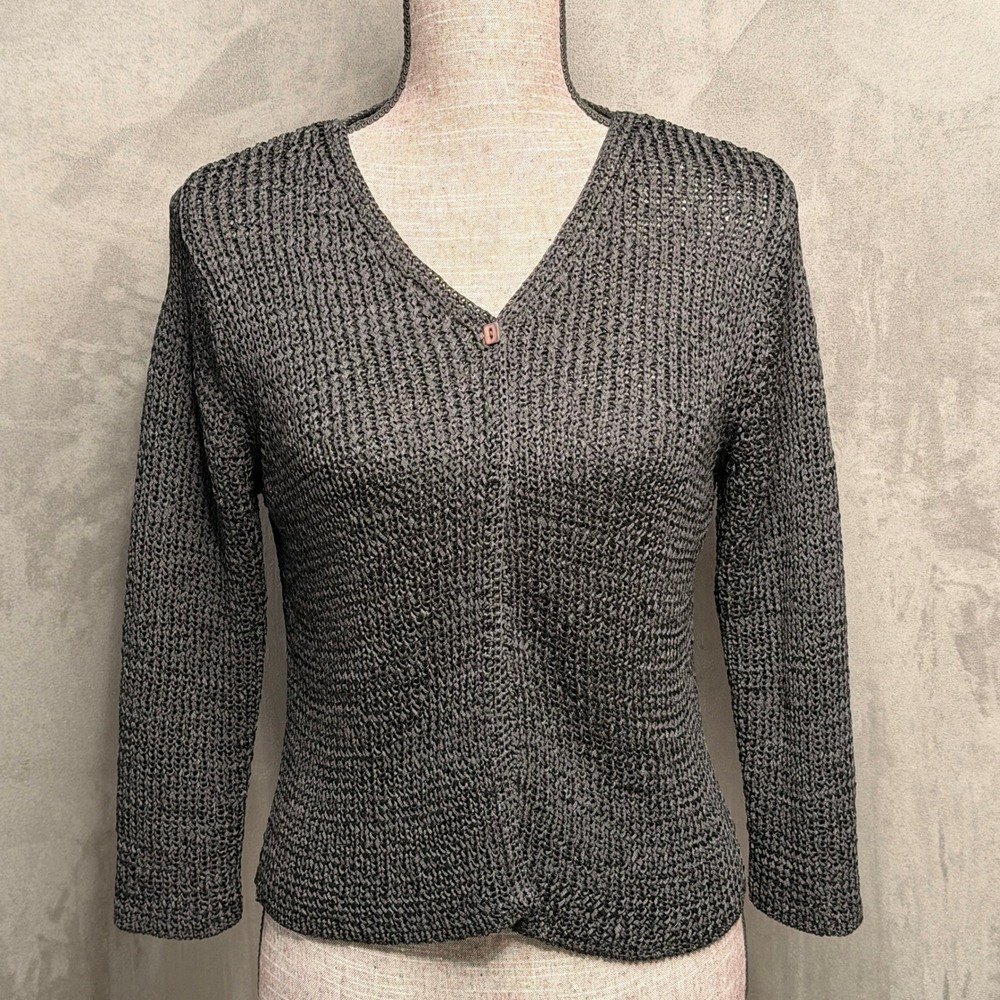 Vtg Sigrid Olsen Sport Cardigan Womens Large Black Open Knit V-Neck 3/4 Sleeve